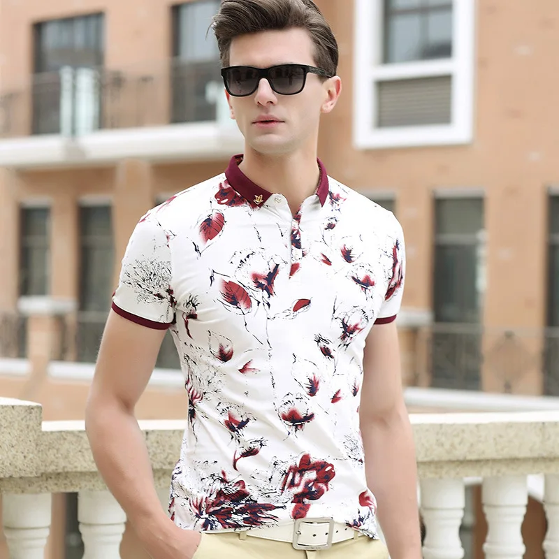 Men Summer Short Sleeve Flower Polo Shirt Plus Size Cotton Fashion Printing Working Cloth For Man