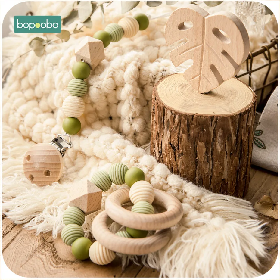 Bopoobo 3Pc/Set Silicone Beads Baby Teether Necklace Round Wooden Beads Pendant For Nursing Pacifier Chain Clips Baby Products