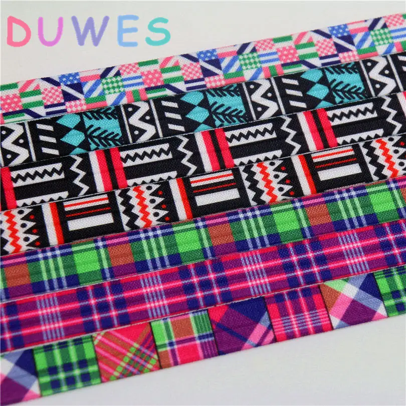 

DUWES 5/8'' Free shipping geogratical plaid printed Fold Elastic FOE headband headwear hairband DIY decoration OEM D721