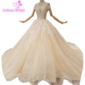 

2018 New Champagne Lace Sleeveless V-neck Cathedral Train Wedding Dress Ball Gown Off The Shoulder Princess Bride Gowns Dresses