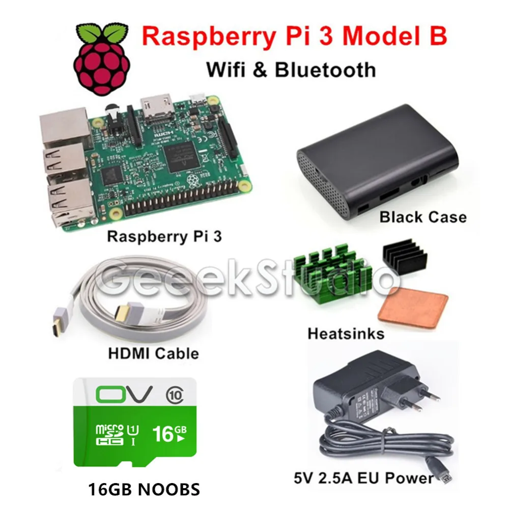 

Raspberry Pi 3 Model B Starter Kit with 5V 2.5A EU/UK/US Power Supply 16GB NOOBS ABS Black Case HDMI Cable Heatsinks