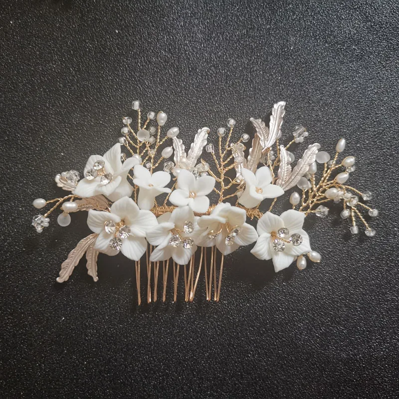 SLBRIDAL ручной работы кристалл Стразы пресноводный жемчуг керамический цветок свадебный гребень для волос Свадебные аксессуары для волос женские ювелирные изделия