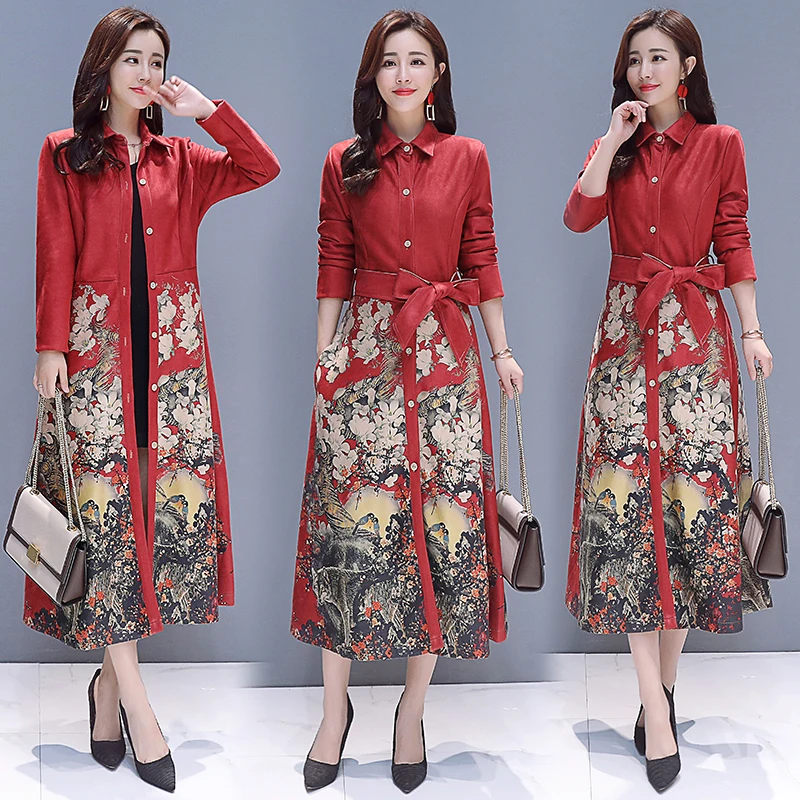 

Winter new national style Suede Trench Coat retro slim waist over the windbreaker deer velvet printed Trench women's coat