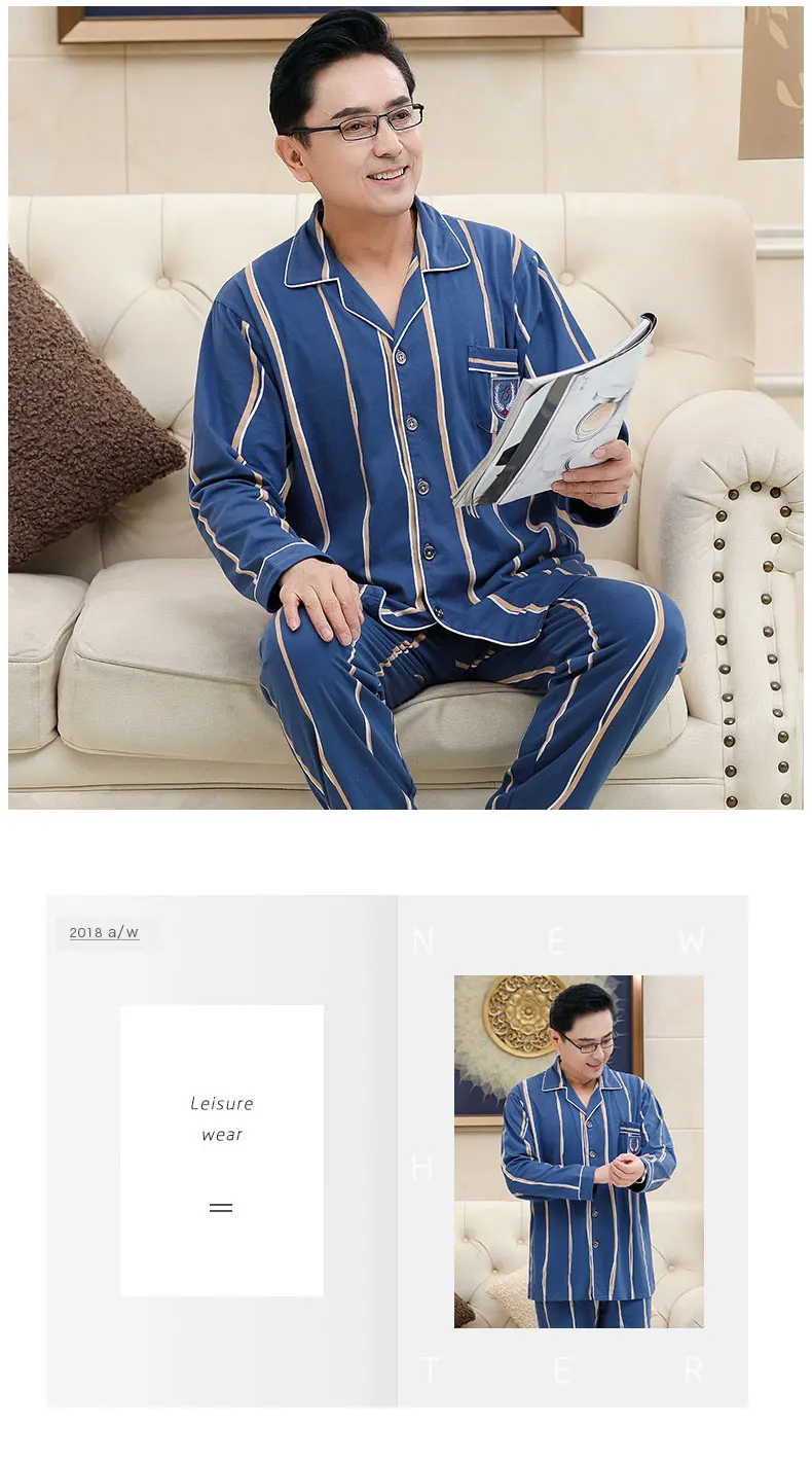 Sleep Suit Men Spring Autumn Cotton High Quality Brand Pajama Set Men Long Sleeve Blue Color Stripe Sleepwear Pajama Male