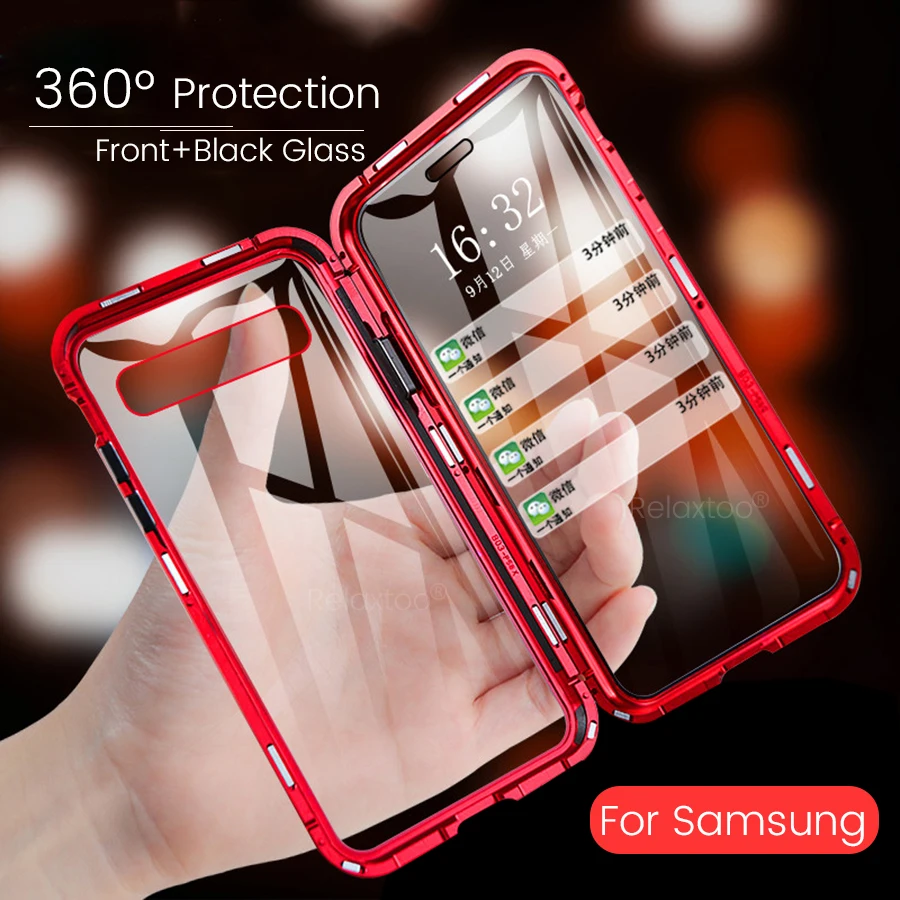 

360° Magnetic Adsorption Metal Case For Samsung Galaxy Note 10 S10 Plus Note10+ S10Plus S10e S10+ Tempered Glass Magnet Cover