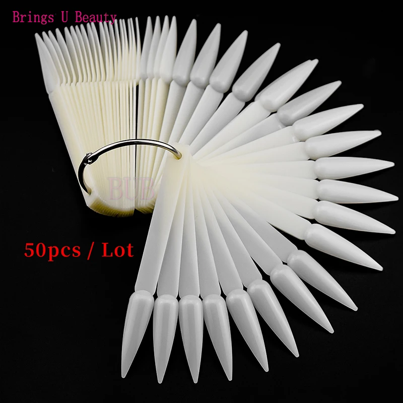 

50pcs Stiletto Sharp False Nail Art Tips Fan Wheel Practice Board Sticks for Dip Powder UV Gel Nail Polish Color Display Chart