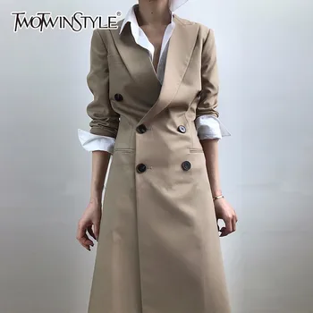 

GALCAUR Tunic Long Trench Coat Female Lapel Collar Double Breasted Slim Basic Windbreaker Spring Fashion OL Clothing 2020