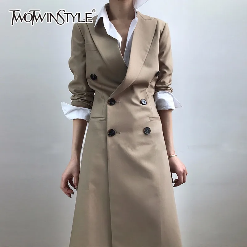 

TWOTWINSTYLE Tunic Long Trench Coat Female Lapel Collar Double Breasted Slim Basic Windbreaker Spring Fashion OL Clothing 2019