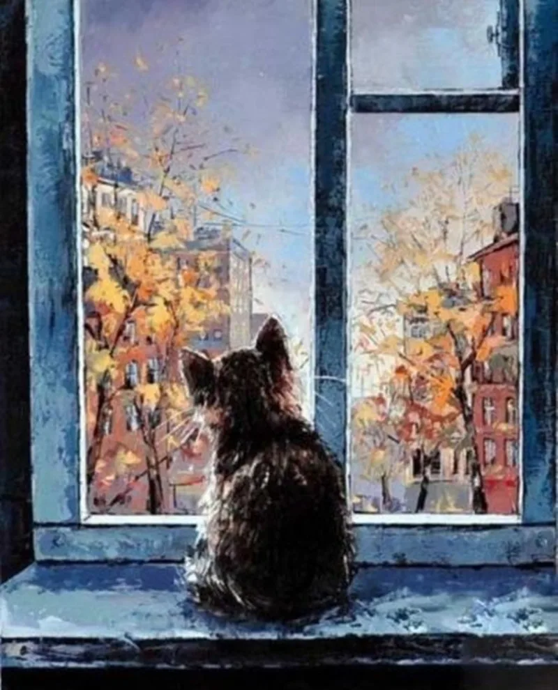 Handpainted Abstract Animal Oil Painting On Canvas Cat At The