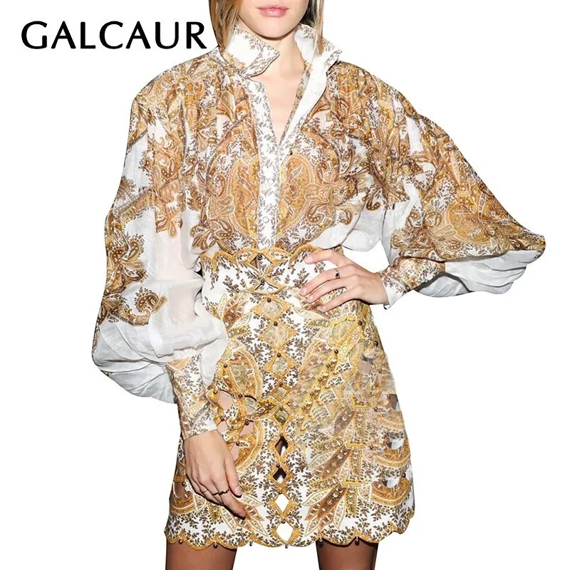 

GALCAUR Vintage Print Blouse For Women Stand Collar Lantern Sleeve Big Size Shirt Female Fashion Clothes 2019 Summer New