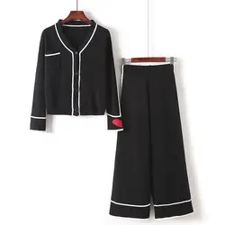 TZ679 Дамы Черный Цвет белый край Сердце печати вязаный свитер + широкие штаны комплект Для женщин Элегантный Трикотаж комплекты