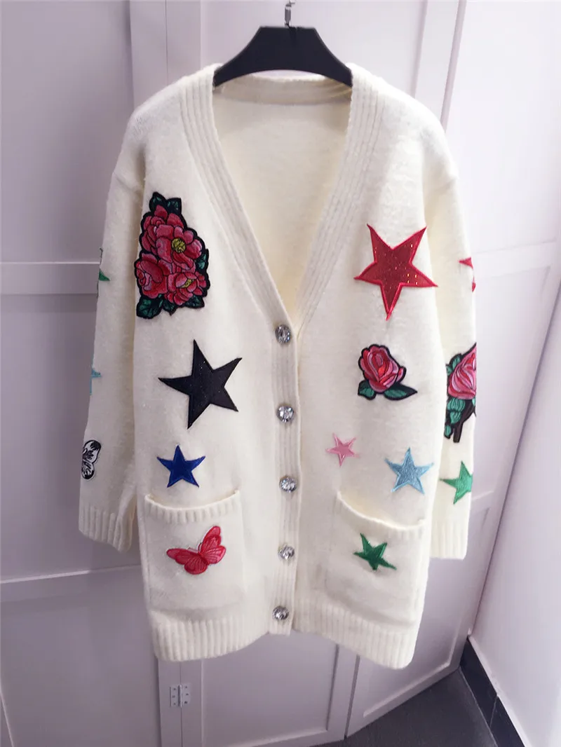 Mode Mi De Poitrine Long Broderie Manteau m l Tricot Femmes Cardigan Unique Exquise S Chandail fBIXHB