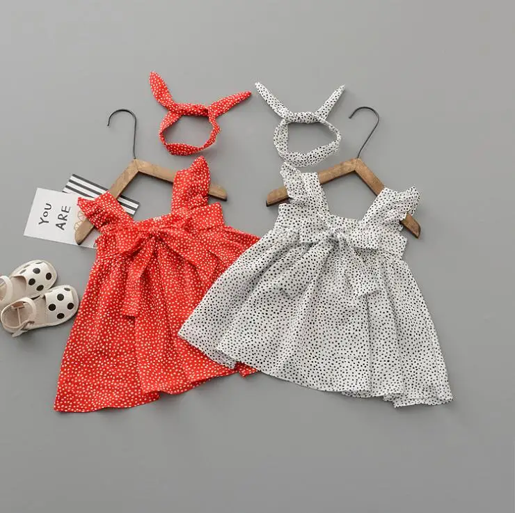 

2019 wholesale girls printed bow dress with headband summer cotton fashion girls dresses 0-4 years HU40