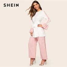 SHEIN abaya, элегантный Двухцветный Топ с поясом и широкие штаны, Женский комплект 2 шт., весна-осень, Длинная блузка, комплект из двух предметов