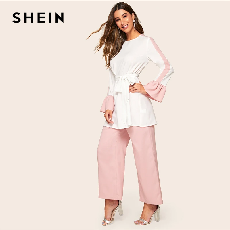 Комплект из двух предметов SHEIN элегантный Двухцветный Топ с поясом и брюки
