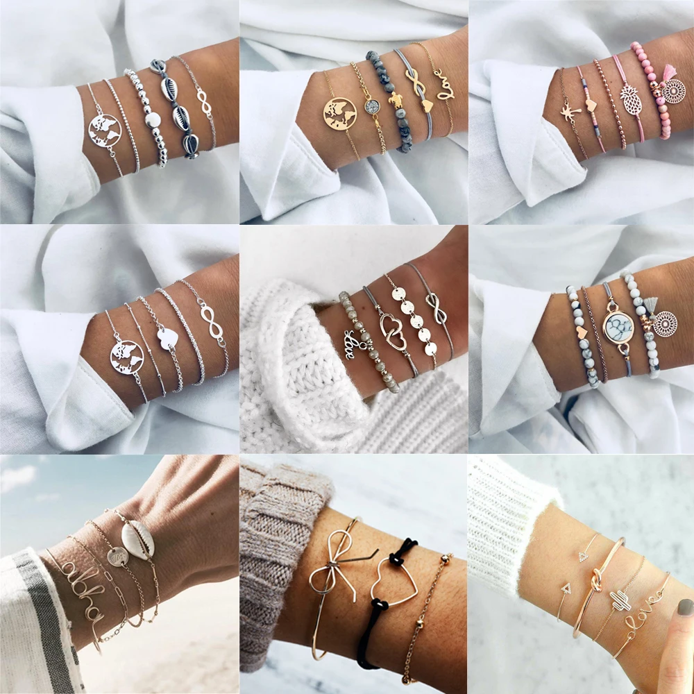 

Fashion Bohemian Shell Heart Bracelet Set Crystal Multilayer Bracelet Bangle Women's Gift Vintage Bracelets Wedding Party
