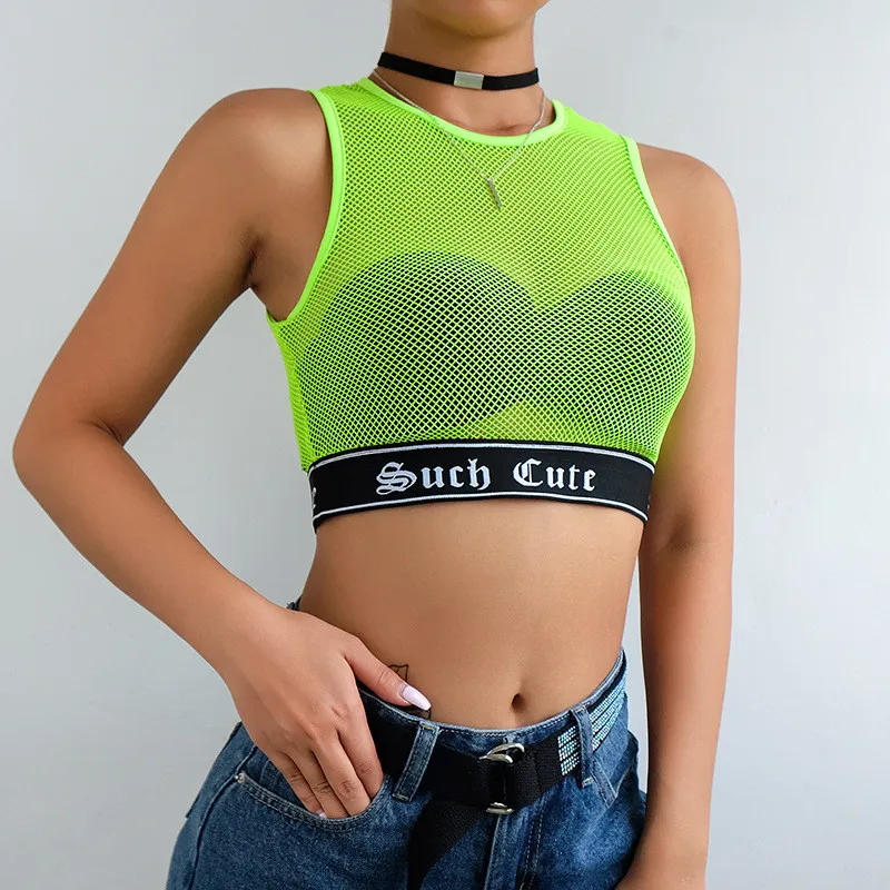 

Women Gothic Neon Green Cropped Tank Top Sexy Backless Mesh Patchwork Print Bralette Crop Top Summer Streetwear Harajuku Tops