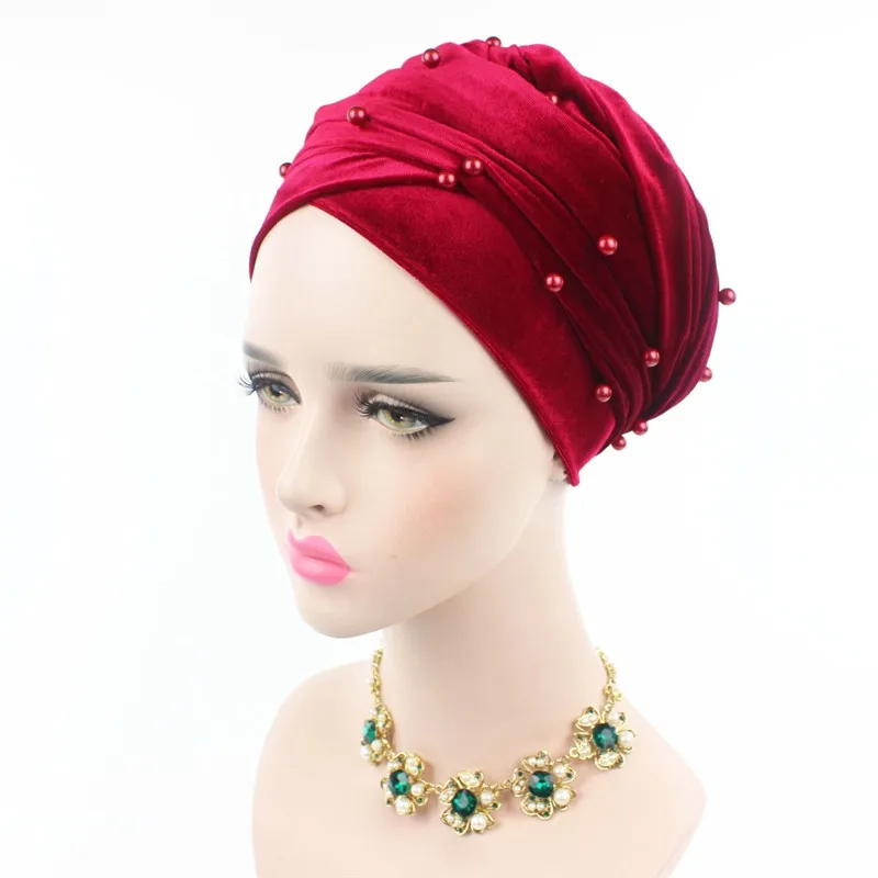 Роскошный перламутровый бархатный тюрбан длинный головной платок хиджаб для мусульманок банданы аксессуары для волос - Цвет: BURGUNDY