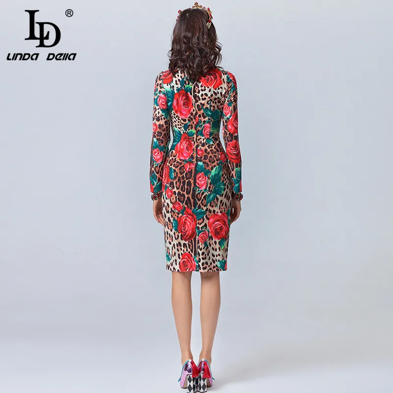 Cena LD LINDA DELLA Fashion Designer jesienna sukienka damska z długim rękawem kokarda kołnierz seksowny nadruk wzór lamparta róża kwiatowy elegancka sukienka 2019