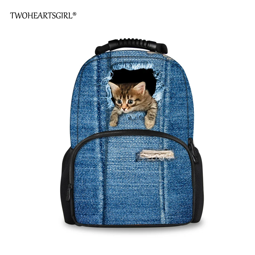 TWOHEARTSGIRL Cute Printing 3d Denim Cat Backpack for Women Large