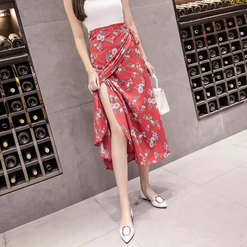 Летняя шифоновая Женская юбка с цветочным принтом, повседневные юбки в Корейском стиле Харадзюку до середины икры с бантом, милые винтажные юбки с высокой талией - Цвет: hong-HY
