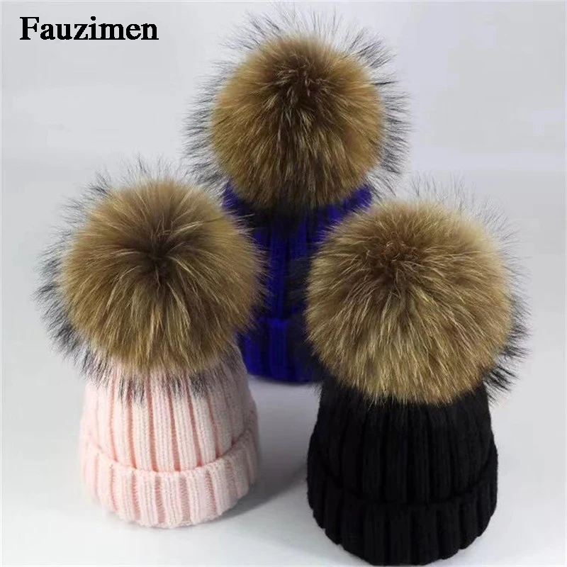 Милая меховая шапка с помпоном, женская теплая шапка, детские вязаные шапочки, шапка, плотный трикотаж, шапки из натурального меха лисы/енота