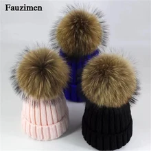 Милая меховая шапка с помпоном, женская теплая шапка, детские вязаные шапочки, шапка, плотный трикотаж, шапки из натурального меха лисы/енота