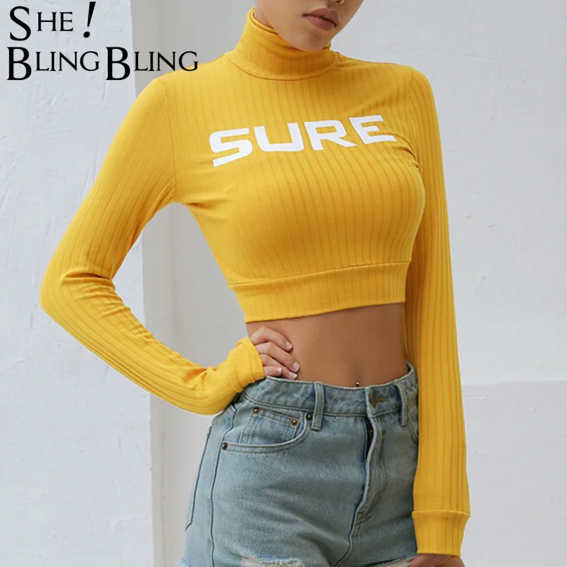 

Sheblingbling New Fashion Women Letter Print High Neck Long Sleeves Tops Spring Autumn Slim Fit Stripe Texture Female Tops