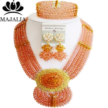 

Majalia Fashion Nigeria Wedding African Beads Jewelry Set Peach and Gold champagne Crystal Necklace Bridal Jewelry Sets 6DN023