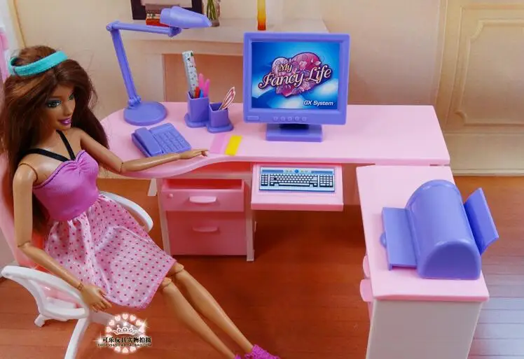 Офисный Компьютерный стол+ книжный шкаф набор для девочек DIY игрушки куклы аксессуары Кукольный дом Роскошная мебель для куклы Барби