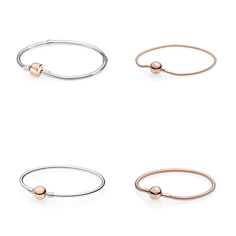 

4 Style 925 Sterling Silver Charms Basic Bracelets For Women Rose Gold Heart Round Stopper Bead Basic Chain for Diy Beads Charm