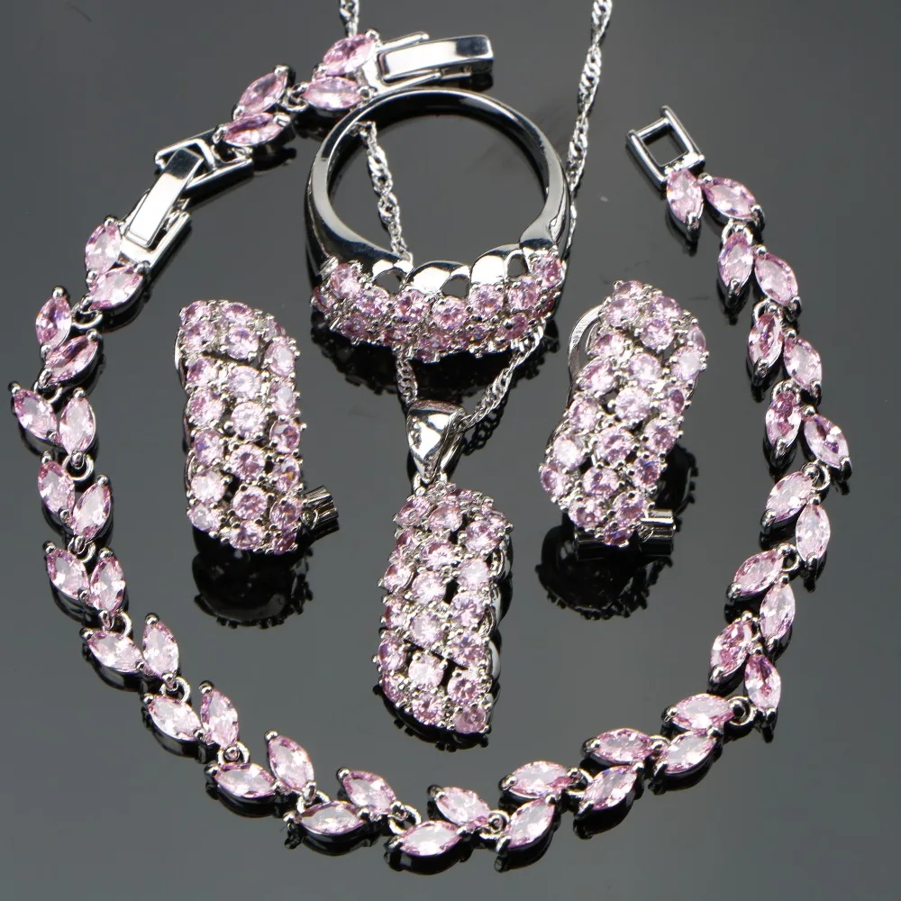 

Wedding Pink Stones 925 Sterling Silver Ladies Bridal Jewelry Sets For Women Ring Size 6/7/8/9/10 Bracelet Length 20CM