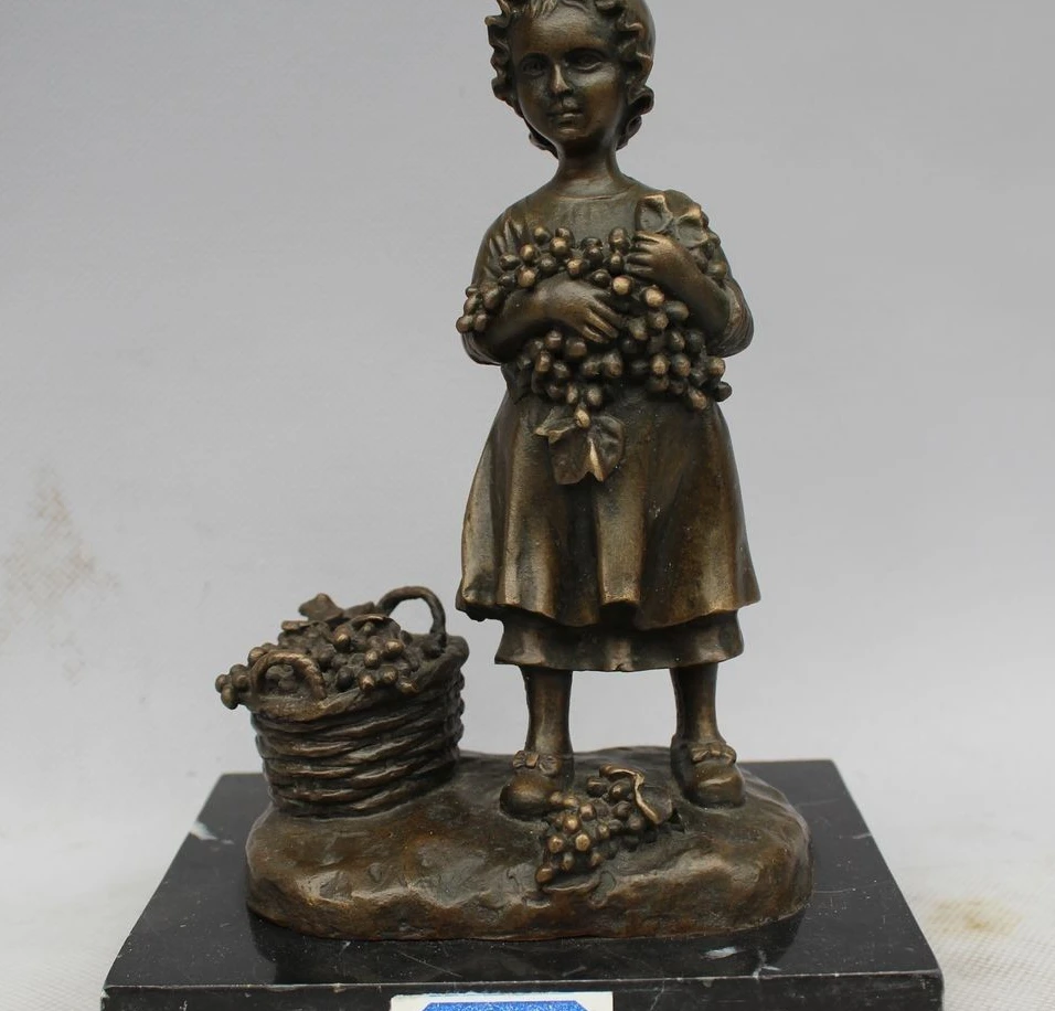 

7"Western Art sculpture Bronze Marble flower basket lassock Little Girl Statue