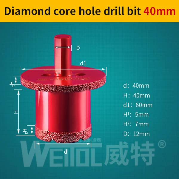 WeiTol 1 шт. алмазное ядро сверло камень, алмаз сверла отверстие пилы сверла s инструмент резак для плитка мраморная стекло гранит - Цвет: 40mm