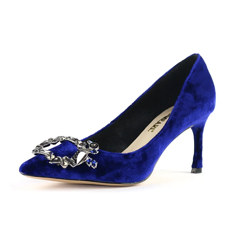 Женские туфли-лодочки из натуральной кожи; туфли на высоком каблуке; весенние брендовые свадебные туфли на тонком каблуке; женские туфли-лодочки с острым носком, украшенные кристаллами; цвет королевский синий - Цвет: Синий