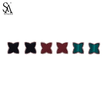 

SA SILVERAGE 925 Sterling Silver Red/Black Agate Stud Earrings for Woman Green Malachite Geometry Silver Star Earrings New