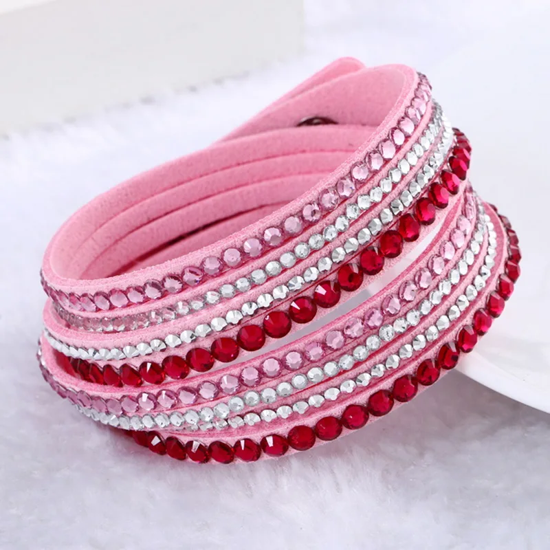 

Hot Sale Korea Crystal Cuff Leather Rhinestone Crystal Element Bohemian style Bracelet wrap leather bracelet hot drill bangle