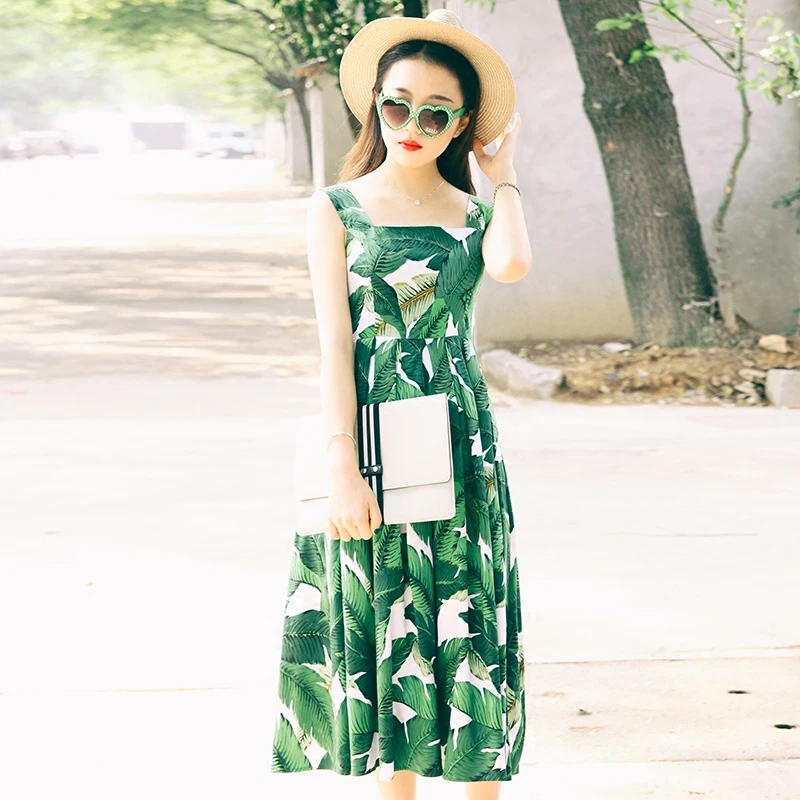 

women vintage 50s green palm banana leaf pattern strap pleated midi swing dress plus size 4xl vestido rockabilly pin up dresses