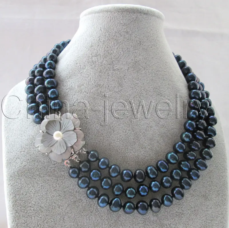 

Free Shipping >>> Beautiful 17-19 " 3row 10mm black round freshwater pearl necklace - shell clasp