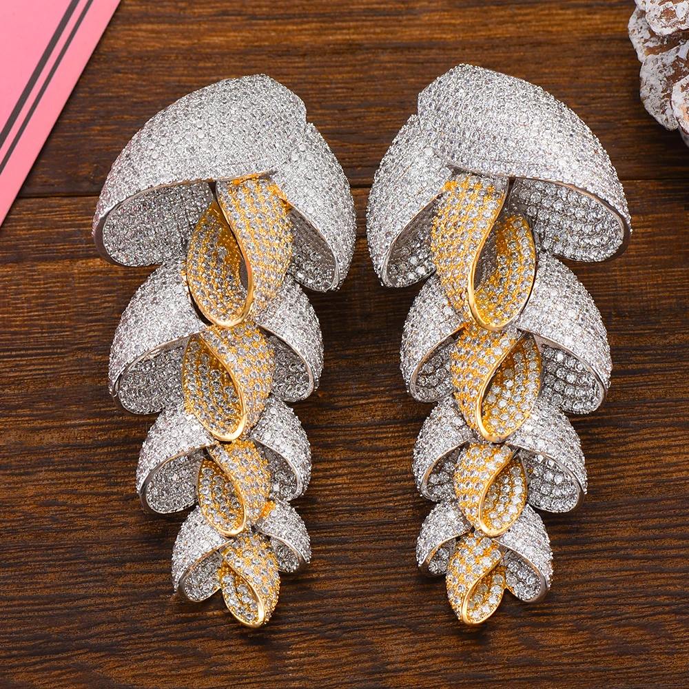 

GODKI 73mm Trendy Luxury Feather Leaf Nigerian Long Dangle Earrings For Women Wedding Zircon Crystal Dubai Silver Bridal Earring