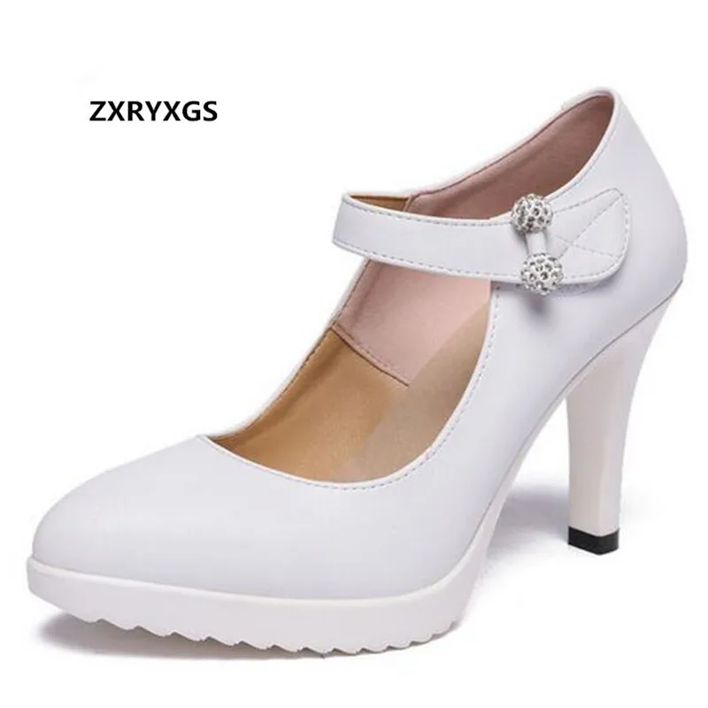 

2018 Fall Women High-heeled Shoes Fine with Pointed Rhinestone Catwalk Real Leather Shoes Women Pumps Shoes Woman Wedding Shoes