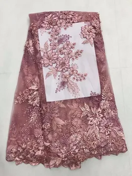 

3d flower pattern french lace fabric with beautiful beads fashionable 3d flower printed lace fabric for wedding ZY093383