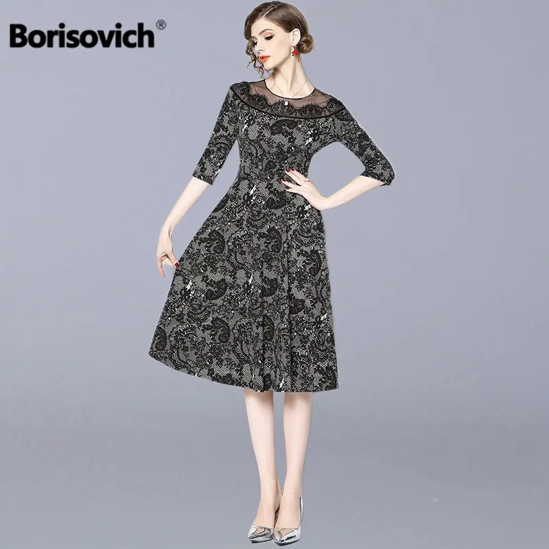

Borisovich Luxury Elegant Ladies Party Dress New 2018 Autumn Fashion Big Swing A-line Patchwork Lace Women Casual Dresses N389