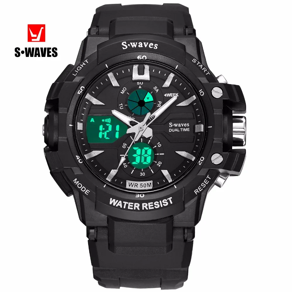 

SWAVES Brand New Men Quartz Watches Plastic LCD Dual Display Sport Waterproof Wristwatches Casual Back Light Alarm Clock Relogio