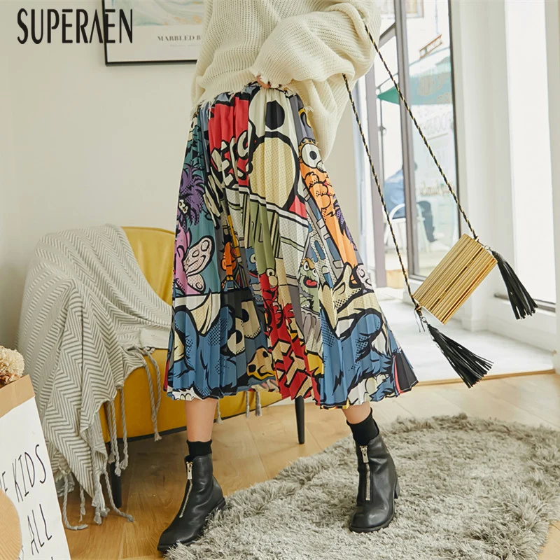 

SuperAen Pleated Skirt Female 2019 Spring New Europe Fashion Casual Women Skirt Elastic Waist Korean Style Skirts Women