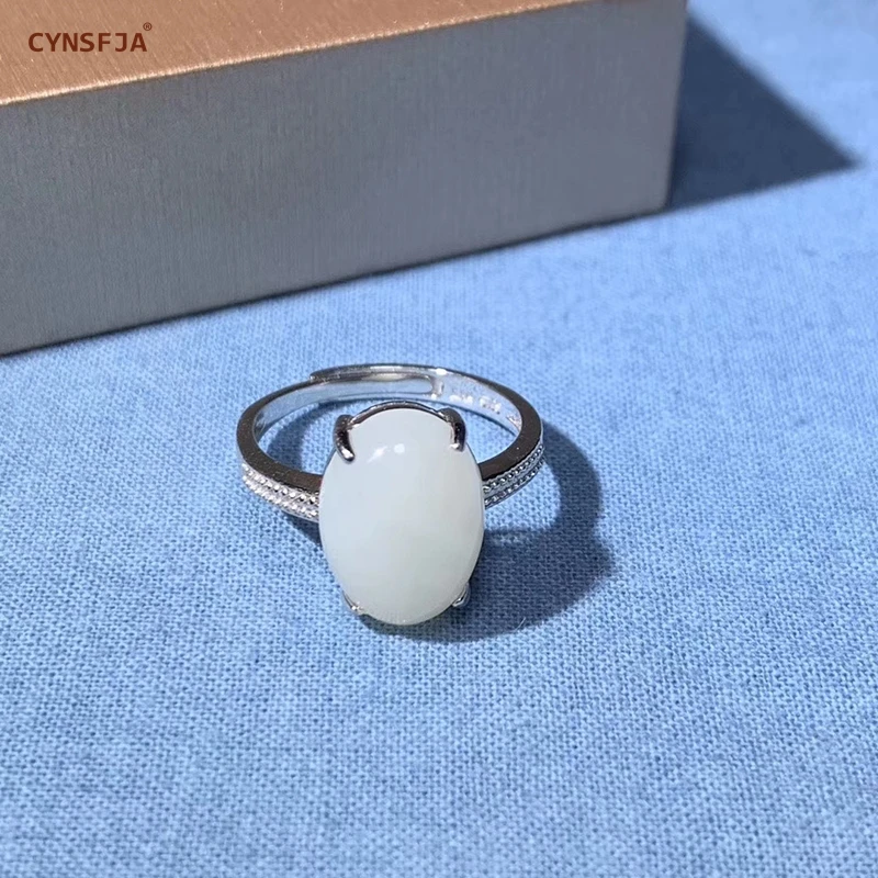 

Certified Natural Hetian White Jade Inlaid 925 Sterling Silver Handmade Lucky Jade Rings Hand-Carved High Quality Wonderful Gift