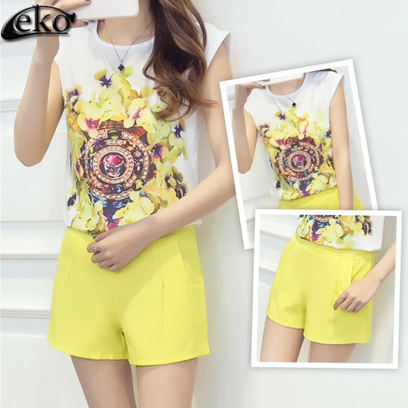 

New 2019 Fashion Suit For Women Summer 2 Piece Clothing Set Casual Printed Chiffon Tops And Shorts 2 Piece Set For Women Sets