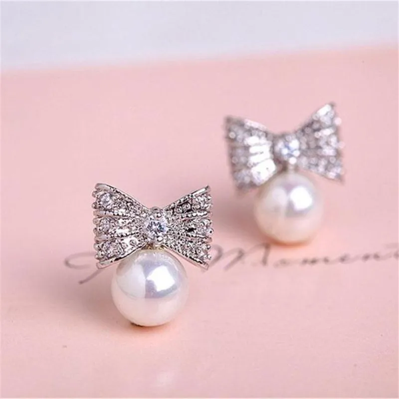 

925 sterling silver Stud earrings Temperament bowknot pearl Set auger Women's fashion jewelry wholesale