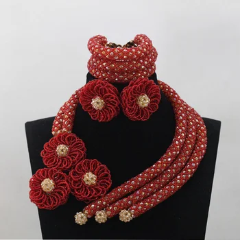 

Beautiful Wine Red African Wedding Nigerian Beads Jewelry Set Champagne Gold Bridal Necklace Bracelet Set Free Shipping QW748