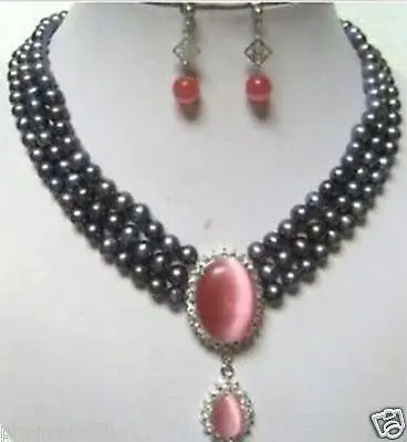 

A0503 Fast shipping +Oval Red Opal Pendant Black Freshwater Pearl 3 Rows Necklace Earring Set (0430)